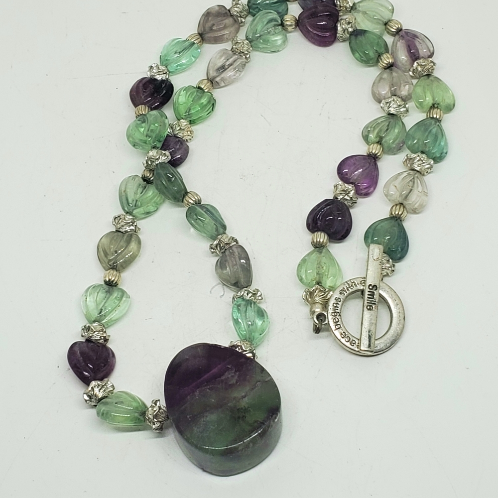 Rainbow fluorite bead necklace with silver tone